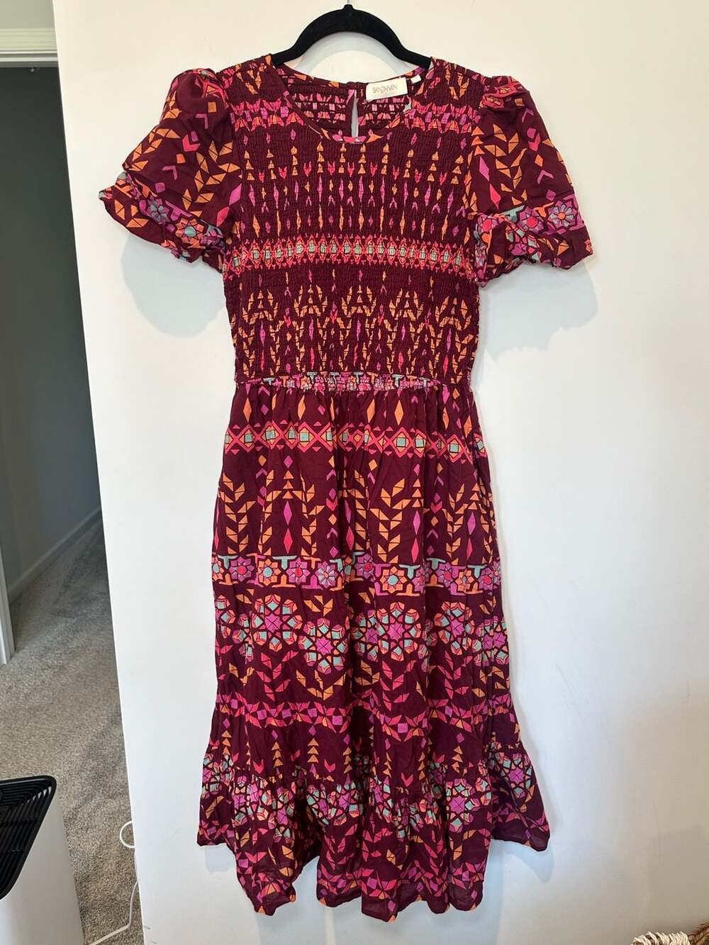Banjanan Printed Smocked Short Sleeve Midi Dress Burgundy Size Small